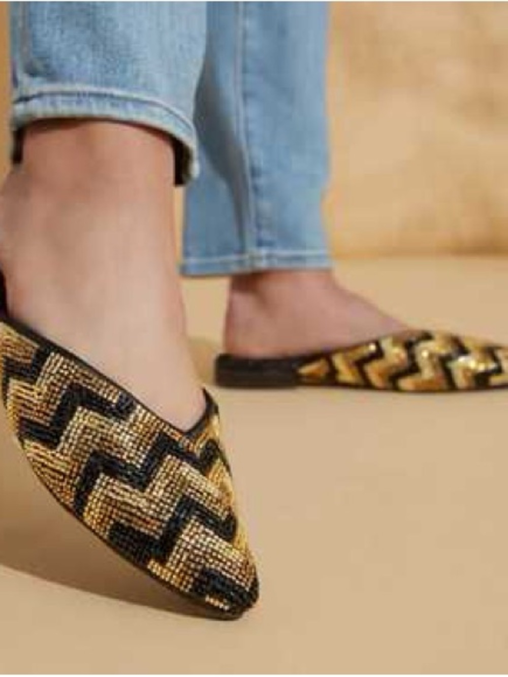 Birdies The Swan Beaded Chevron Satin Mule Gold /Black 6.5